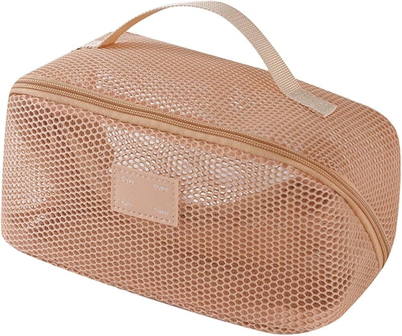 Large Capacity Apricot Cosmetic Organizer Bag With Multiple Compartments For Travel Storage - Image 1